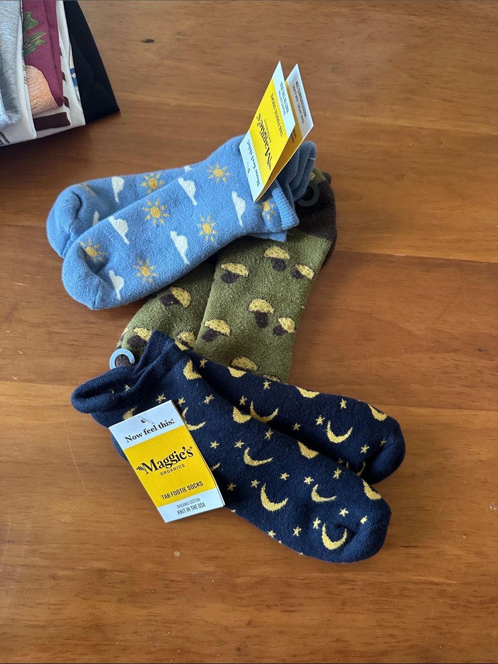 3 Maggie’s Organics unisex Crew Socks - Night Sky, Sun & Mushroom Designs